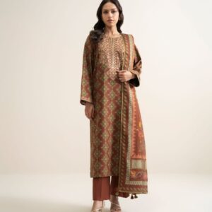 Women's Unstitched Lawn Embroidered Rust 3 Piece Suit